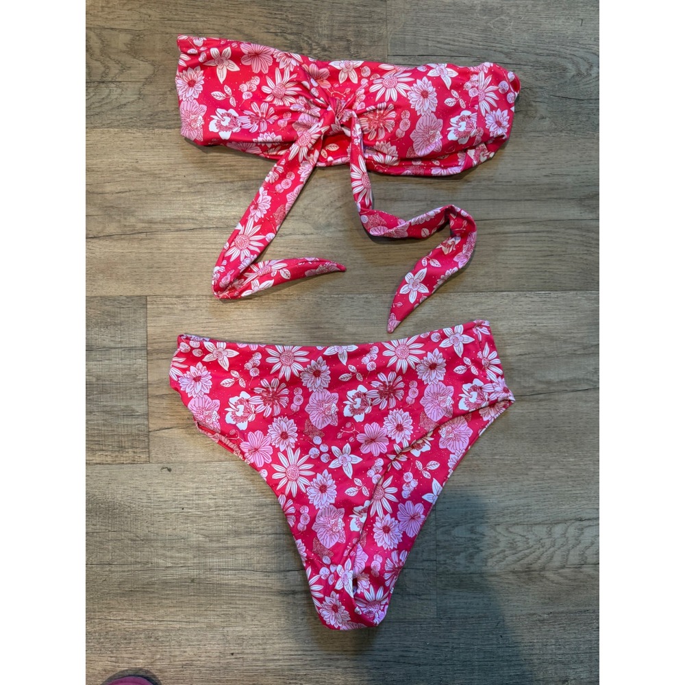 Pink Floral Bandeau High Waisted Bikini Set Two Piece Swimsuit Large